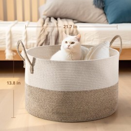 Noonkty XXL Blanket Basket Storage for Living Room, 21.7 X 21.7 X 13.8 Toy Storage Baskets with Handles, Large Cotton Rope Baskets, Laundry Basket for Blanket, Clothes, Pillows (Brown)