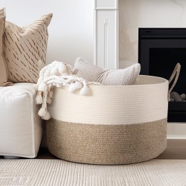 Noonkty XXL Blanket Basket Storage for Living Room, 21.7 X 21.7 X 13.8 Toy Storage Baskets with Handles, Large Cotton Rope Baskets, Laundry Basket for Blanket, Clothes, Pillows (Brown)