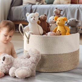 Noonkty XXL Blanket Basket Storage for Living Room, 21.7 X 21.7 X 13.8 Toy Storage Baskets with Handles, Large Cotton Rope Baskets, Laundry Basket for Blanket, Clothes, Pillows (Brown)