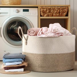 Noonkty XXL Blanket Basket Storage for Living Room, 21.7 X 21.7 X 13.8 Toy Storage Baskets with Handles, Large Cotton Rope Baskets, Laundry Basket for Blanket, Clothes, Pillows (Brown)