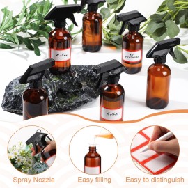 Norme 24 Pcs Glass Spray Bottles with Funnels and Labels 8 oz Refillable Cosmetic Empty Spray Containers with Trigger Squirt Containers for Essential Oil Cleaning Solutions(Brown)