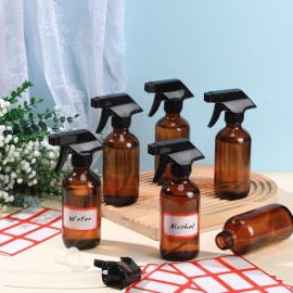 Norme 24 Pcs Glass Spray Bottles with Funnels and Labels 8 oz Refillable Cosmetic Empty Spray Containers with Trigger Squirt Containers for Essential Oil Cleaning Solutions(Brown)