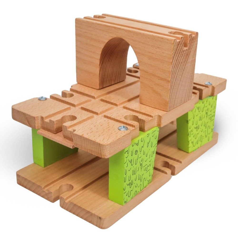 3 Level Wooden Bridge and Train Tunnel - Zany Trains - Toxic Turnpike - Viaduct Arch Bridge - Wooden Train Tracks Compatible with All Major Brands - Train Set Accessories Table