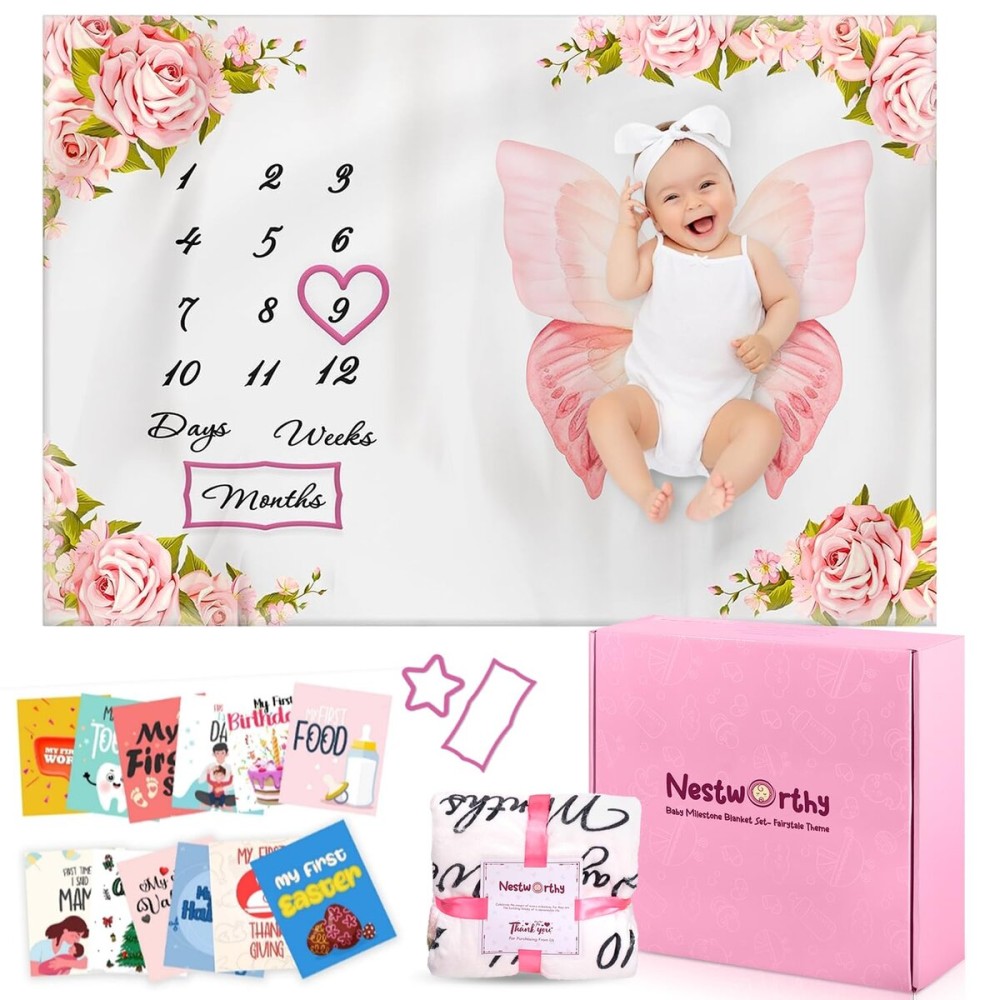 Nestworthy Milestone Blanket for Baby Girl - Perfect New Baby Girl Gifts for Newborn Girls, Newborn Essentials Photo Blanket for Age and Growth with Our Soft Fleece Milestone Blanket 60x40