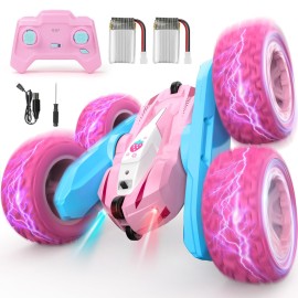 NUOKE Remote Control Car, Pink RC Cars for Girls, Rechargeable RC Truck, 2.4Ghz Double Sided 360 Rotating Stunt Car Toy with Headlights, Birthday Gift for Kids Age 3+