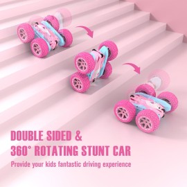 NUOKE Remote Control Car, Pink RC Cars for Girls, Rechargeable RC Truck, 2.4Ghz Double Sided 360 Rotating Stunt Car Toy with Headlights, Birthday Gift for Kids Age 3+