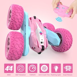 NUOKE Remote Control Car, Pink RC Cars for Girls, Rechargeable RC Truck, 2.4Ghz Double Sided 360 Rotating Stunt Car Toy with Headlights, Birthday Gift for Kids Age 3+