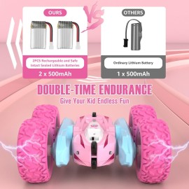 NUOKE Remote Control Car, Pink RC Cars for Girls, Rechargeable RC Truck, 2.4Ghz Double Sided 360 Rotating Stunt Car Toy with Headlights, Birthday Gift for Kids Age 3+