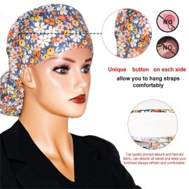 Scrub Cap with Buttons - Cotton Cap with Sweatband, Adjustable Ponytail Working Cap, Tie Back Hats for Women (Pink Chrysanthemum)