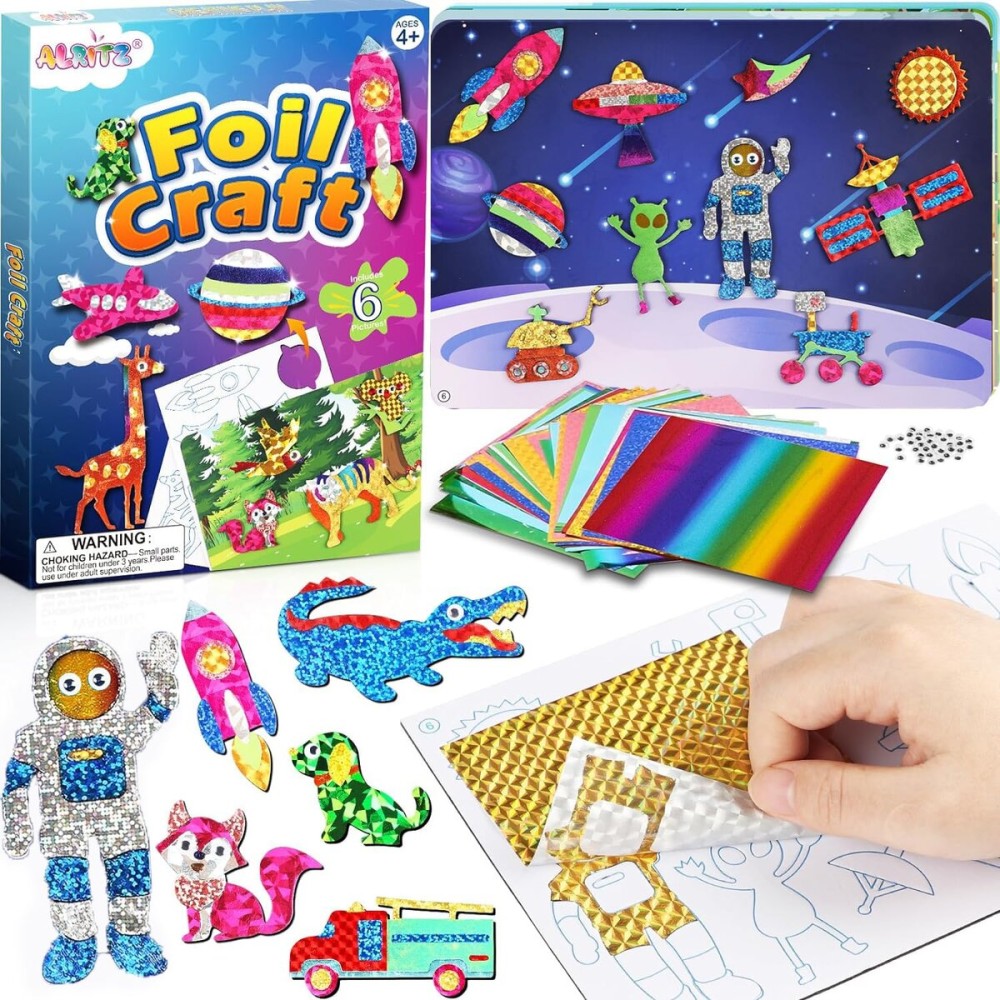 Alritz Arts and Crafts,Foil Crafts Fun Kit, Art Kit Toys for Kids Animals Space Cars, Foil Stickers Supplies,Travel Toys DIY Christmas Gifts for Girls Boys 4 5 6 7 8 9 10 11+ Years Old (6 Theme)
