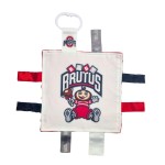 The Ohio State University Crinkle Learning Lovey Sensory Plush Blanket - Tag Toys for Babies - Baby Stroller Toys - Sports Team Pride MVP Registry Gift w/Stroller Clip (8 x 8 Tag Toy)
