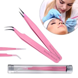 FancyFace Beauty 2 Pieces Straight and Curved Tip Tweezers Eyelash Extension Tweezers, Stainless Steel False Lash Application Tools