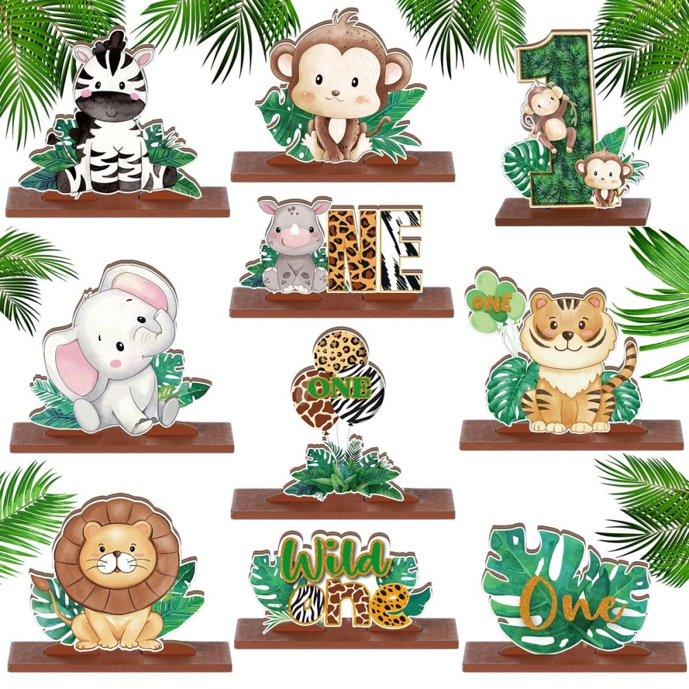 Barydat 10 Pcs Wild One Sign Safari Jungle Animal Small Table Wooden Centerpieces Wild One Birthday Decorations for Boys Baby Shower Centerpieces for Tables Party Supplies Photo Props