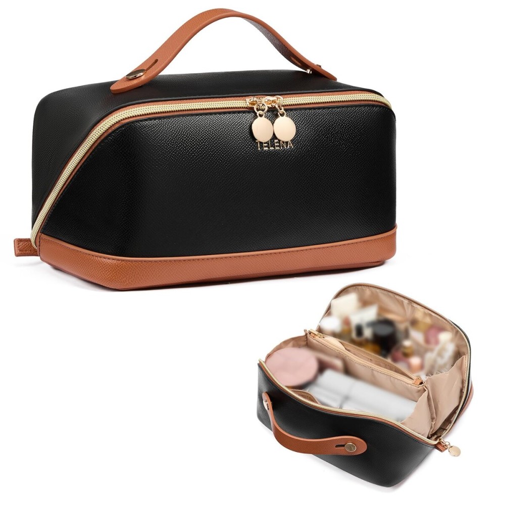 Telena Makeup Bag Large Capacity Travel Cosmetic Bag Portable PU Leather Water Resistant Makeup Organizer Bags for Women with Handle and Divider Open Flat Black with Brown