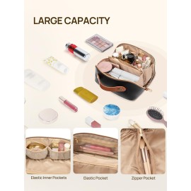 Telena Makeup Bag Large Capacity Travel Cosmetic Bag Portable PU Leather Water Resistant Makeup Organizer Bags for Women with Handle and Divider Open Flat Black with Brown