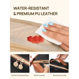 Telena Makeup Bag Large Capacity Travel Cosmetic Bag Portable PU Leather Water Resistant Makeup Organizer Bags for Women with Handle and Divider Open Flat Black with Brown