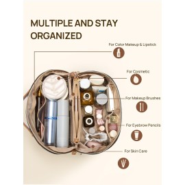 Telena Makeup Bag Large Capacity Travel Cosmetic Bag Portable PU Leather Water Resistant Makeup Organizer Bags for Women with Handle and Divider Open Flat Black with Brown