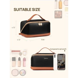 Telena Makeup Bag Large Capacity Travel Cosmetic Bag Portable PU Leather Water Resistant Makeup Organizer Bags for Women with Handle and Divider Open Flat Black with Brown