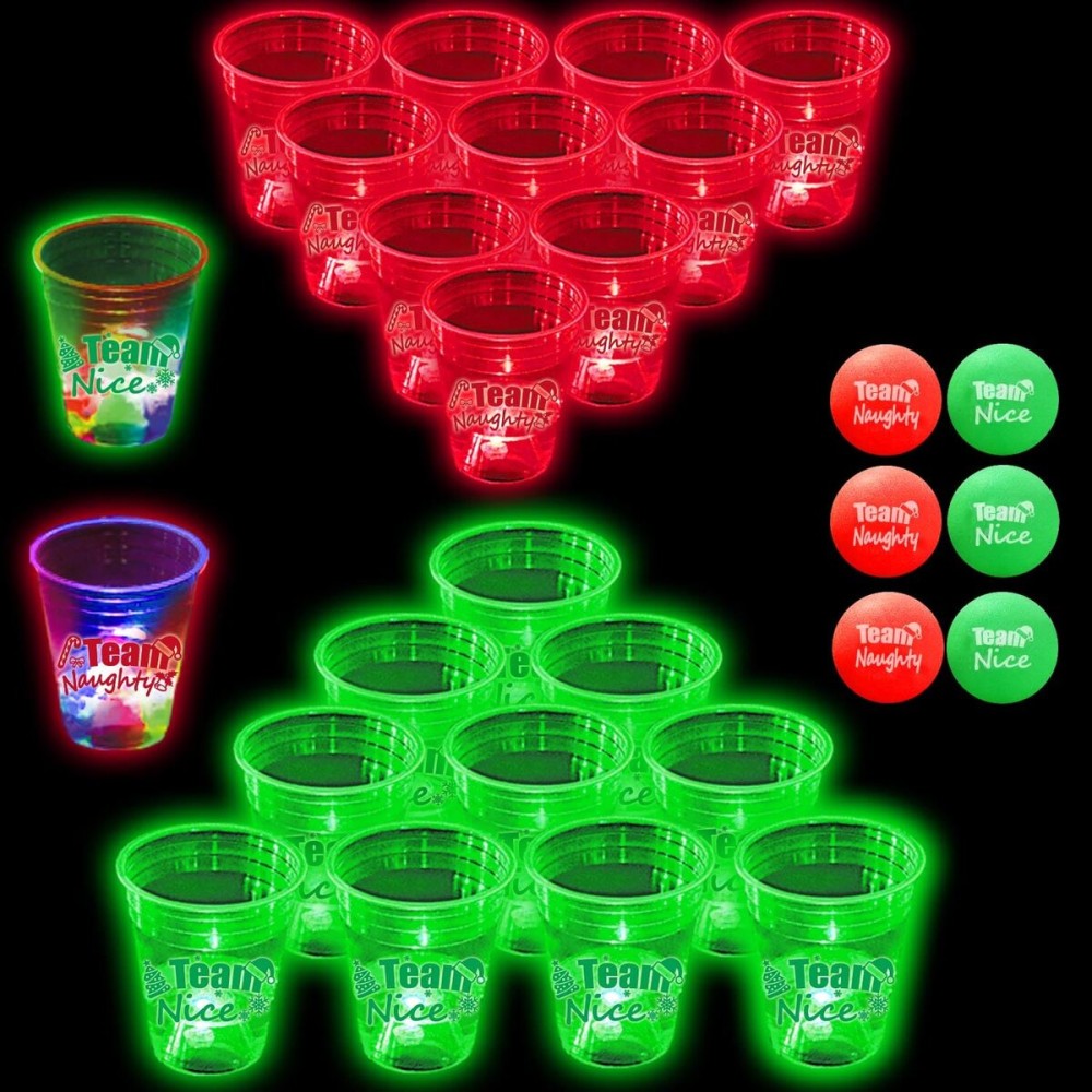 YHFUISK 22Pcs Christmas Glowing Pong Set Party Game Light Up Pong Cups for Christmas Party with 6 Christmas Theme Balls, Christmas House Parties Holidays(Red&Green&Flashing)