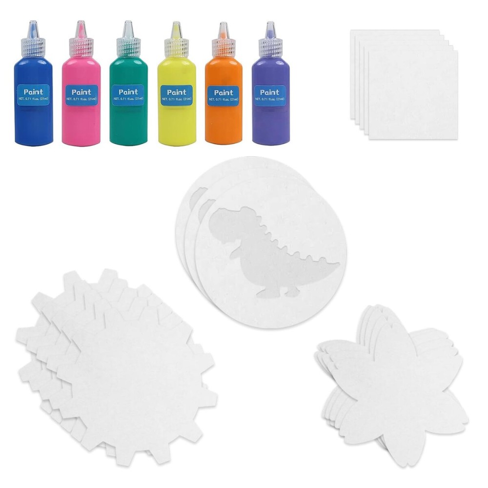 Spin & Paint Refill Pack is for the Wings Giant Spin Art Machine, 5 x Small Cards - 10 x Large Cards for Origami - 5 x Flower Cards - 5 x Gear Cards - 5 x Dinosaur Cards - 6 x Bottles of Colored Paint