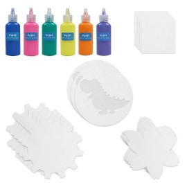 Spin & Paint Refill Pack is for the Wings Giant Spin Art Machine, 5 x Small Cards - 10 x Large Cards for Origami - 5 x Flower Cards - 5 x Gear Cards - 5 x Dinosaur Cards - 6 x Bottles of Colored Paint