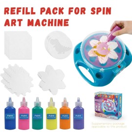 Spin & Paint Refill Pack is for the Wings Giant Spin Art Machine, 5 x Small Cards - 10 x Large Cards for Origami - 5 x Flower Cards - 5 x Gear Cards - 5 x Dinosaur Cards - 6 x Bottles of Colored Paint
