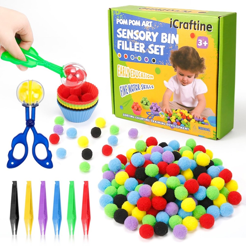 iCraftine 170 PCS Counting Sorting Fine Motor Skills Sensory Bin Filler Include 12 Sorting Bowls, 150 Pom Poms, 6 Tweezers, 2 Scooper Scissors for Kids Early Education, Sorting Counting Training