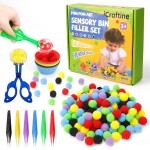 iCraftine 170 PCS Counting Sorting Fine Motor Skills Sensory Bin Filler Include 12 Sorting Bowls, 150 Pom Poms, 6 Tweezers, 2 Scooper Scissors for Kids Early Education, Sorting Counting Training