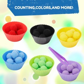 iCraftine 170 PCS Counting Sorting Fine Motor Skills Sensory Bin Filler Include 12 Sorting Bowls, 150 Pom Poms, 6 Tweezers, 2 Scooper Scissors for Kids Early Education, Sorting Counting Training
