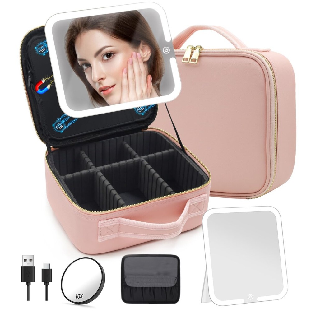 Travel Makeup Bag with Large Magnetic Removable Lighted Mirror, Cosmetic Organizer Bag with 3-Color Modes Adjustable Brightness 360 Angle Mirror Makeup Case with Mirror and Lights, Makeup Train Case