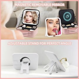 Travel Makeup Bag with Large Magnetic Removable Lighted Mirror, Cosmetic Organizer Bag with 3-Color Modes Adjustable Brightness 360 Angle Mirror Makeup Case with Mirror and Lights, Makeup Train Case
