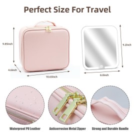 Travel Makeup Bag with Large Magnetic Removable Lighted Mirror, Cosmetic Organizer Bag with 3-Color Modes Adjustable Brightness 360 Angle Mirror Makeup Case with Mirror and Lights, Makeup Train Case