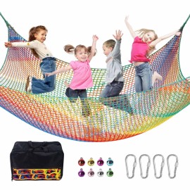 LPIW Climbing Net for Kids - 9.9FT x 9.9FT Double Layers Heavy Duty Playground Safety Net, Climbing Cargo Net for Tree House Tree Fort, Back Yard, Jungle Gyms, Monkey Bar Security MeshRainbow