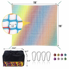 LPIW Climbing Net for Kids - 9.9FT x 9.9FT Double Layers Heavy Duty Playground Safety Net, Climbing Cargo Net for Tree House Tree Fort, Back Yard, Jungle Gyms, Monkey Bar Security MeshRainbow