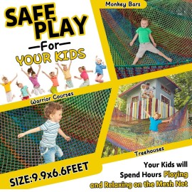 LPIW Climbing Net for Kids - 9.9FT x 6.6FT Double Layers Heavy Duty Playground Safety Net, Climbing Cargo Net for Tree House Tree Fort, Back Yard, Jungle Gyms, Monkey Bar Security MeshRainbow