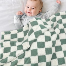 HOMRITAR Checkered Baby Blanket for Boys Sage Green Soft Fluffy Fuzzy Blankets with 3D Chessboard Grid, Warmer Comfort Reversible Lightweight Bed Blanket for Toddlers Infant or Newborn 30 x 40 Inch