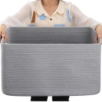OIAHOMY 75L Large Blanket Basket, Woven Blanket Storage Basket with Handle, Cotton Rope Basket for Organizing 22x17x12, Blanket Basket living Room, Toy Basket for Nursery, Grey