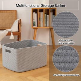 OIAHOMY 75L Large Blanket Basket, Woven Blanket Storage Basket with Handle, Cotton Rope Basket for Organizing 22x17x12, Blanket Basket living Room, Toy Basket for Nursery, Grey