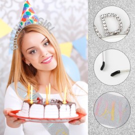 DUPOCHU Birthday Crowns for Women with Sash Birthday Girl Headband Shining Rhinestone Accessories Party Favors Princess Happy Birthday Accessories Birthday Gifts for Women and Girls (Girl Sliver)