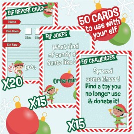 Elf Accessory Naughty or Nice Report Cards, Jokes, X-Mas Activity Challenges for Your Shelf Elf - 50 Unique Cards - Make Christmas Fun for Kids & Family w Unique Holiday Treats from Santa & North Pole