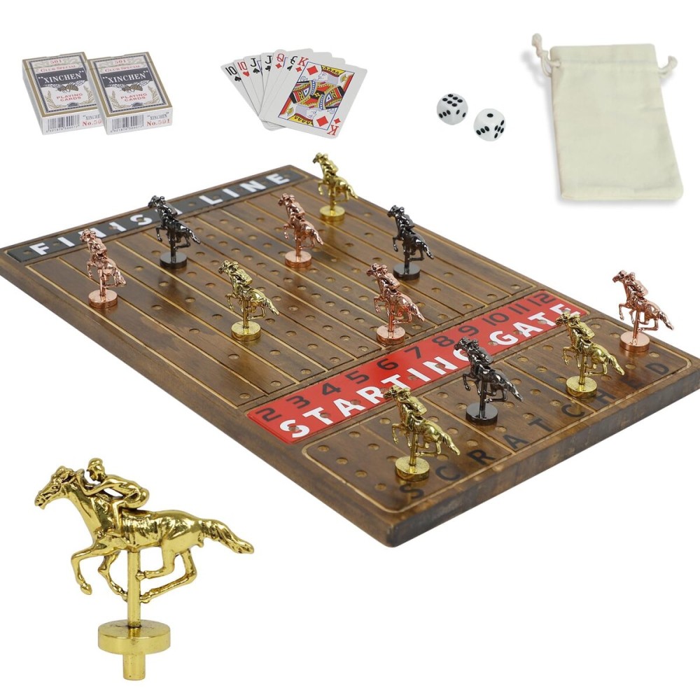 HOROW Horse Racing Game - Wooden Horse Race Board Game with 11 Luxury Metal Horses 2 Dice and 2 CardsFast-Paced Strategic for Family Night and Party - Perfect Birthday&Holiday Gifts