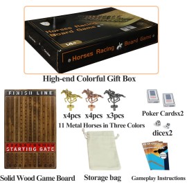 HOROW Horse Racing Game - Wooden Horse Race Board Game with 11 Luxury Metal Horses 2 Dice and 2 CardsFast-Paced Strategic for Family Night and Party - Perfect Birthday&Holiday Gifts