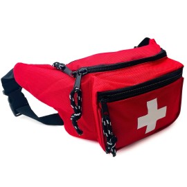 EMS XTRM Lifeguard Fanny Pack Red with Whistle Lanyard - Baywatch Style First Aid Hip Pack, Adjustable Strap, Cross Logo + Zipper Pouch, 10 Pack
