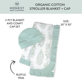 HonestBaby Knit Stroller Blanket with Trim Detail and Baby Hat 100% Organic Cotton for Infant Boys, Girls, Jumbo Leaf Sage (2-Pack), One Size