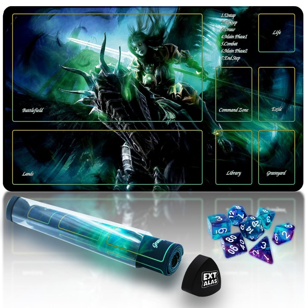 Extalas MTG Playmat TCG Playmat -Includes Storage Tube and 7 Dice-Experience Top-Tier Quality and Edge-Locking Waterproof and Non-Slip Mat! (playmat with Zones, 2-A Hero on a Horse)