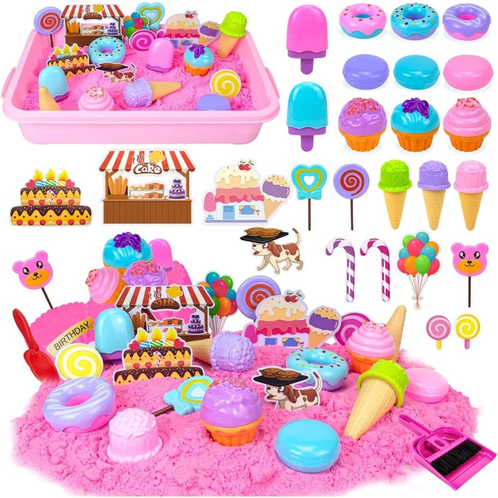 Play Sand Kit for Girls, Ice Cream Sensory Bin Sandbox, Creative Bake Shop with 2.2lbs Magic Sand, Ice Cream & Cake Models, Cleaning Tools, Pretend Beach Cake Stand Toys Gift for Toddler Ages 3-8