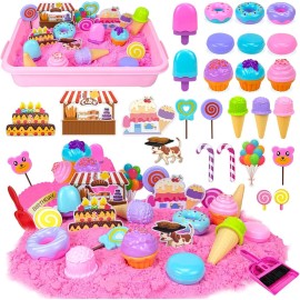 Play Sand Kit for Girls, Ice Cream Sensory Bin Sandbox, Creative Bake Shop with 2.2lbs Magic Sand, Ice Cream & Cake Models, Cleaning Tools, Pretend Beach Cake Stand Toys Gift for Toddler Ages 3-8