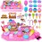 Play Sand Kit for Girls, Ice Cream Sensory Bin Sandbox, Creative Bake Shop with 2.2lbs Magic Sand, Ice Cream & Cake Models, Cleaning Tools, Pretend Beach Cake Stand Toys Gift for Toddler Ages 3-8
