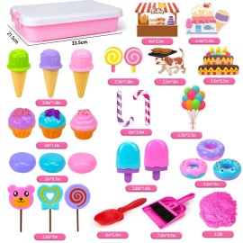 Play Sand Kit for Girls, Ice Cream Sensory Bin Sandbox, Creative Bake Shop with 2.2lbs Magic Sand, Ice Cream & Cake Models, Cleaning Tools, Pretend Beach Cake Stand Toys Gift for Toddler Ages 3-8