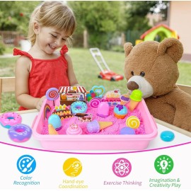 Play Sand Kit for Girls, Ice Cream Sensory Bin Sandbox, Creative Bake Shop with 2.2lbs Magic Sand, Ice Cream & Cake Models, Cleaning Tools, Pretend Beach Cake Stand Toys Gift for Toddler Ages 3-8